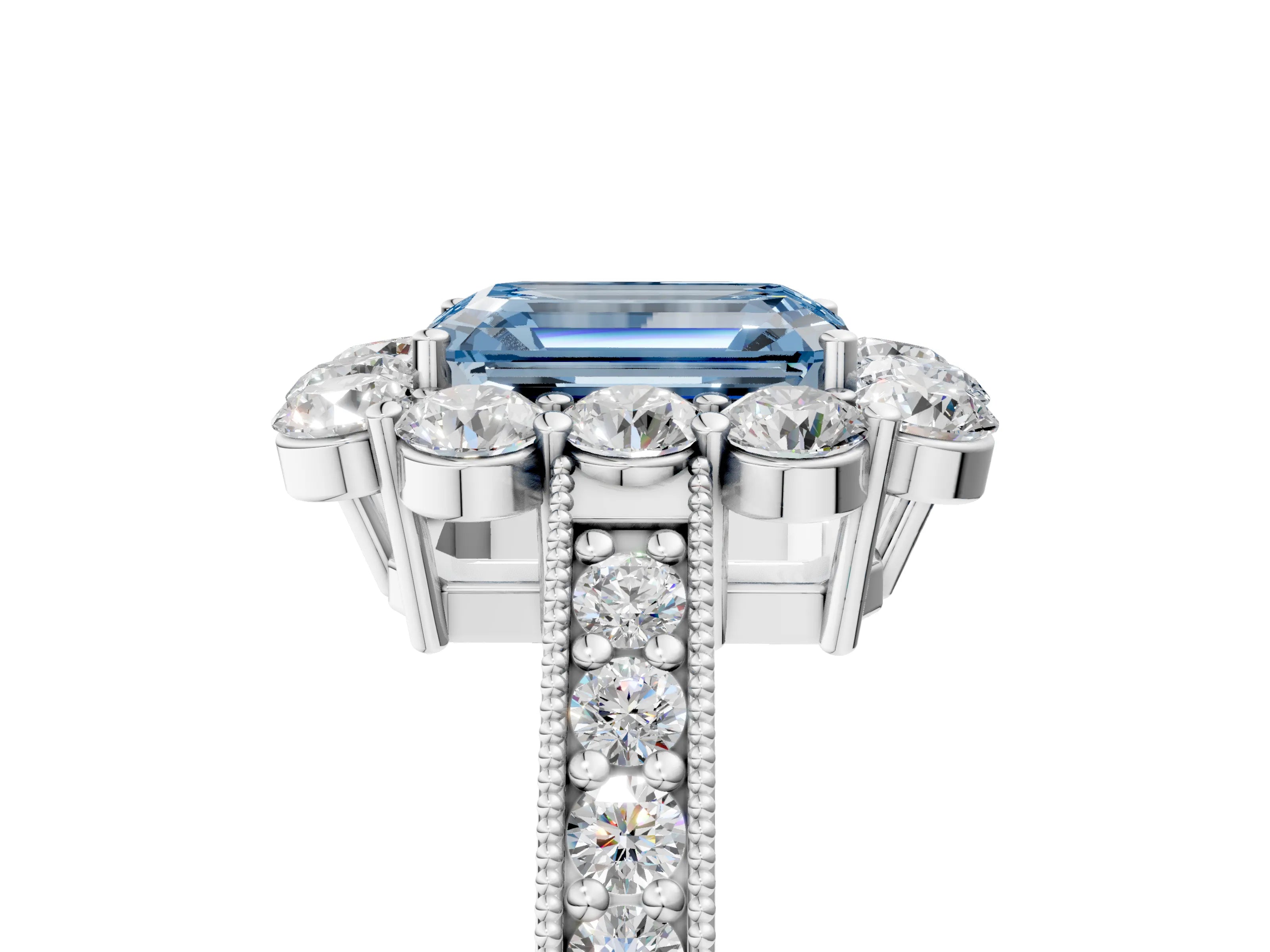 White gold Fancy Blue Emerald Cut Cut Halo Diamond Pavé Engagement Ring with Milgrain Detailing_29