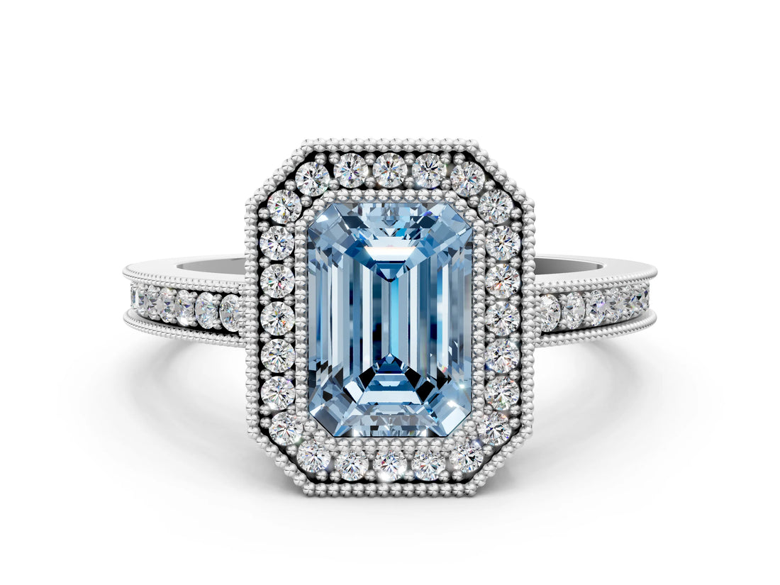 White gold Fancy Blue Emerald Cut Cut Halo Pavé Diamond Ring