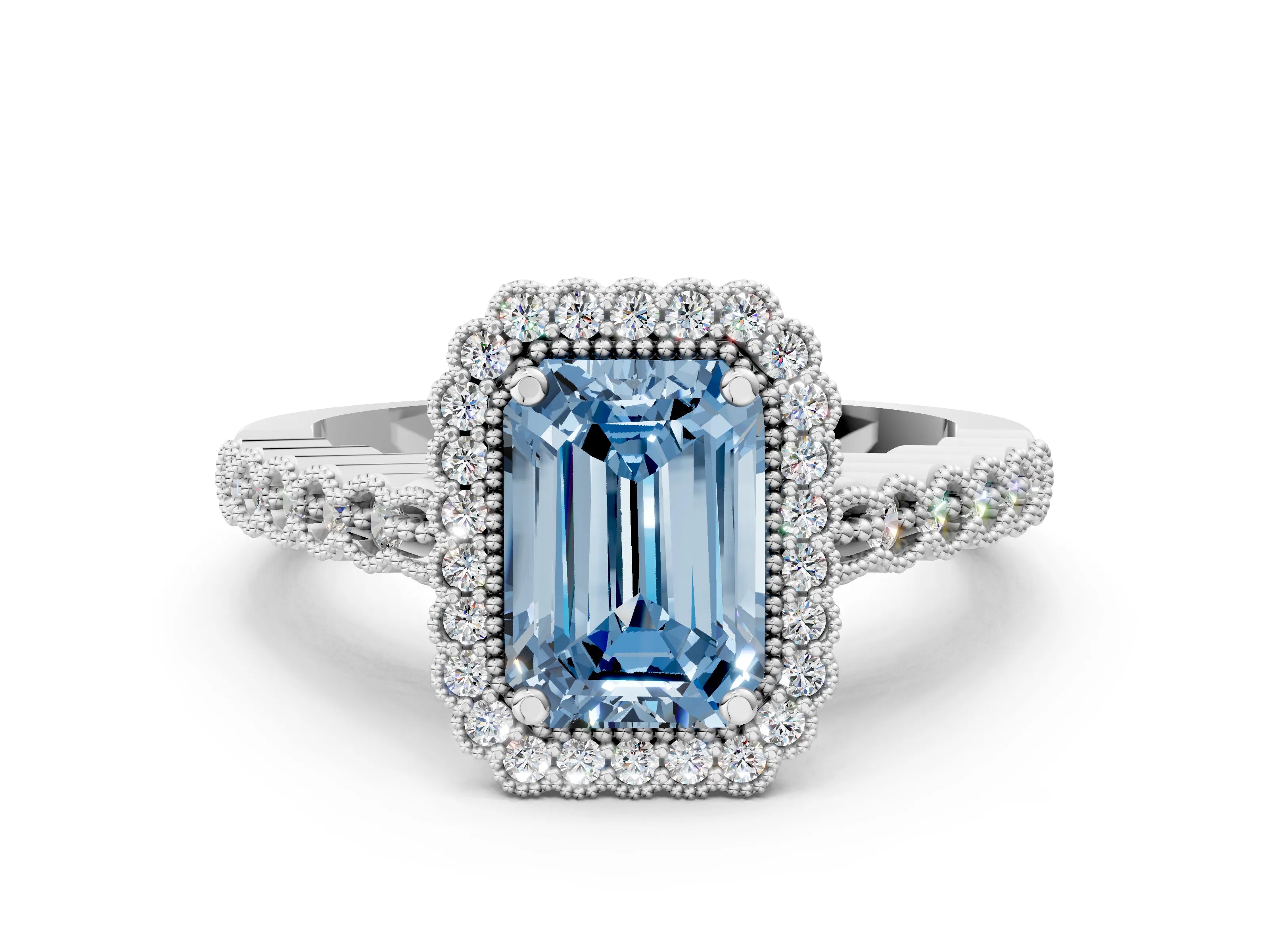 White gold Fancy Blue Emerald Cut Cut Halo Pavé Solitaire Ring with Milgrain Band_12