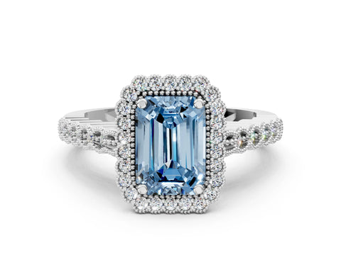 White gold Fancy Blue Emerald Cut Cut Halo Pavé Solitaire Ring with Milgrain Band_12