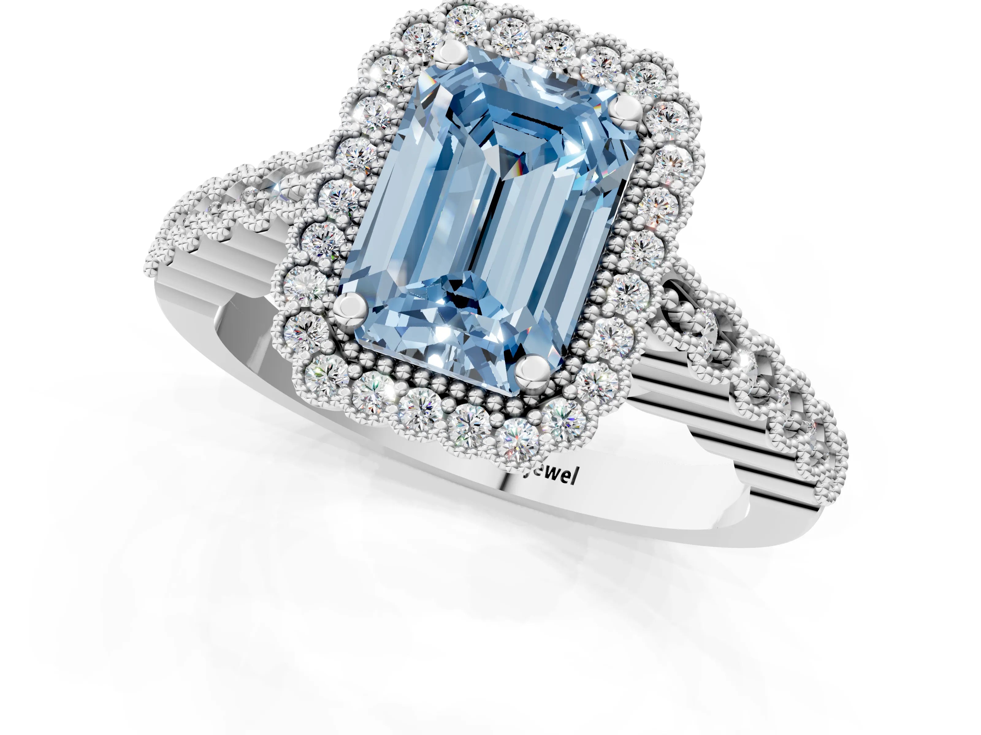White gold Fancy Blue Emerald Cut Cut Halo Pavé Solitaire Ring with Milgrain Band_13