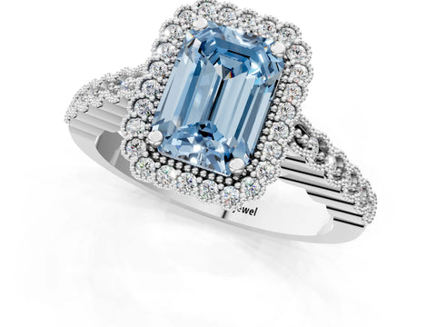 White gold Fancy Blue Emerald Cut Cut Halo Pavé Solitaire Ring with Milgrain Band_13