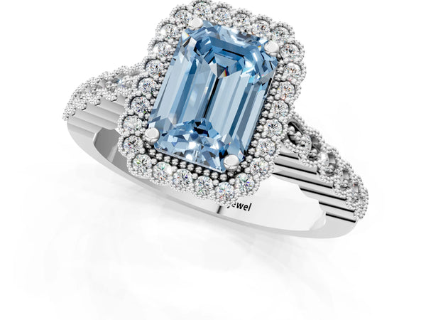 White gold Fancy Blue Emerald Cut Cut Halo Pavé Solitaire Ring with Milgrain Band
