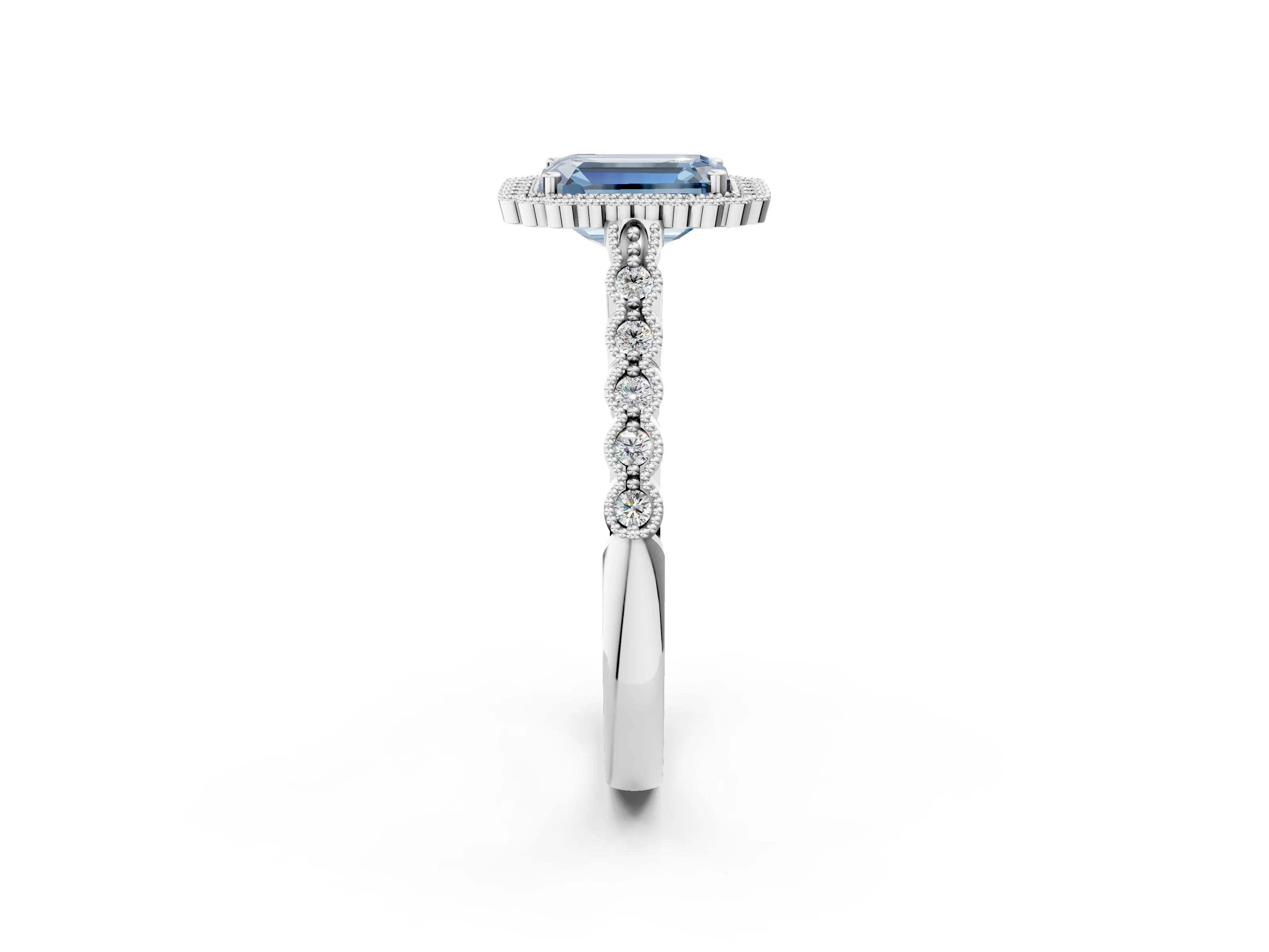 White gold Fancy Blue Emerald Cut Cut Halo Pavé Solitaire Ring with Milgrain Band_14