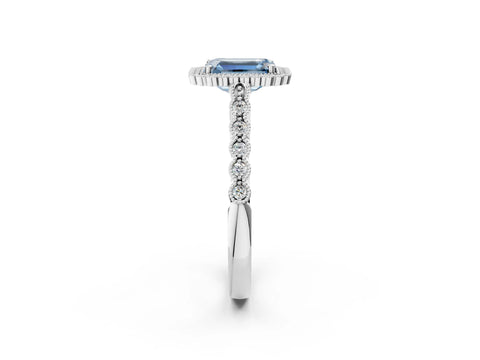 White gold Fancy Blue Emerald Cut Cut Halo Pavé Solitaire Ring with Milgrain Band_14