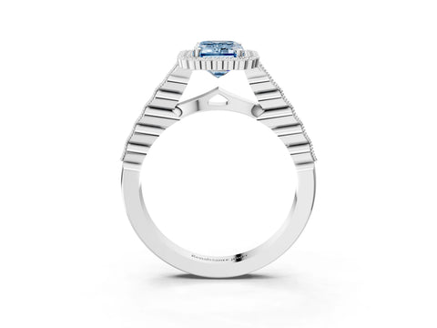 White gold Fancy Blue Emerald Cut Cut Halo Pavé Solitaire Ring with Milgrain Band_15