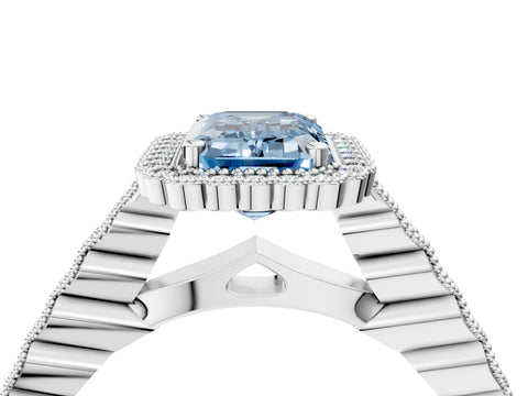 White gold Fancy Blue Emerald Cut Cut Halo Pavé Solitaire Ring with Milgrain Band_16