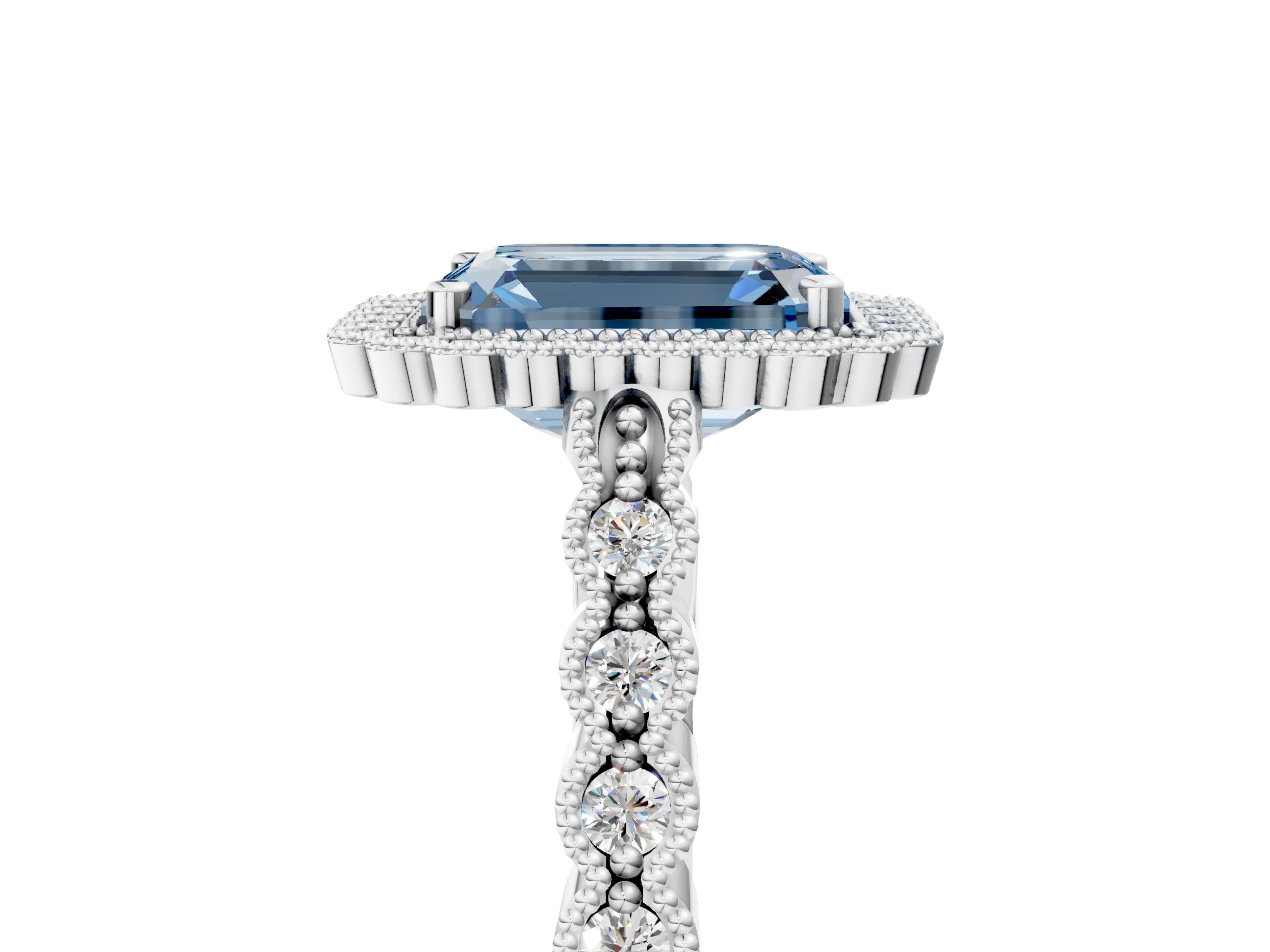 White gold Fancy Blue Emerald Cut Cut Halo Pavé Solitaire Ring with Milgrain Band_17