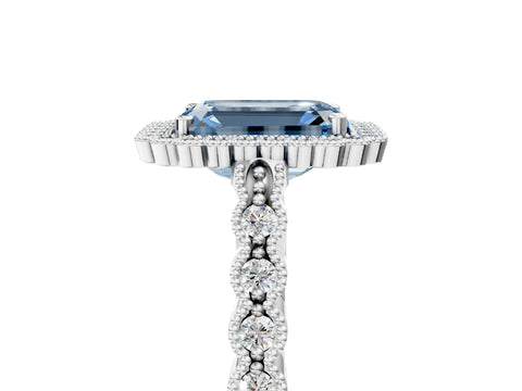 White gold Fancy Blue Emerald Cut Cut Halo Pavé Solitaire Ring with Milgrain Band_17