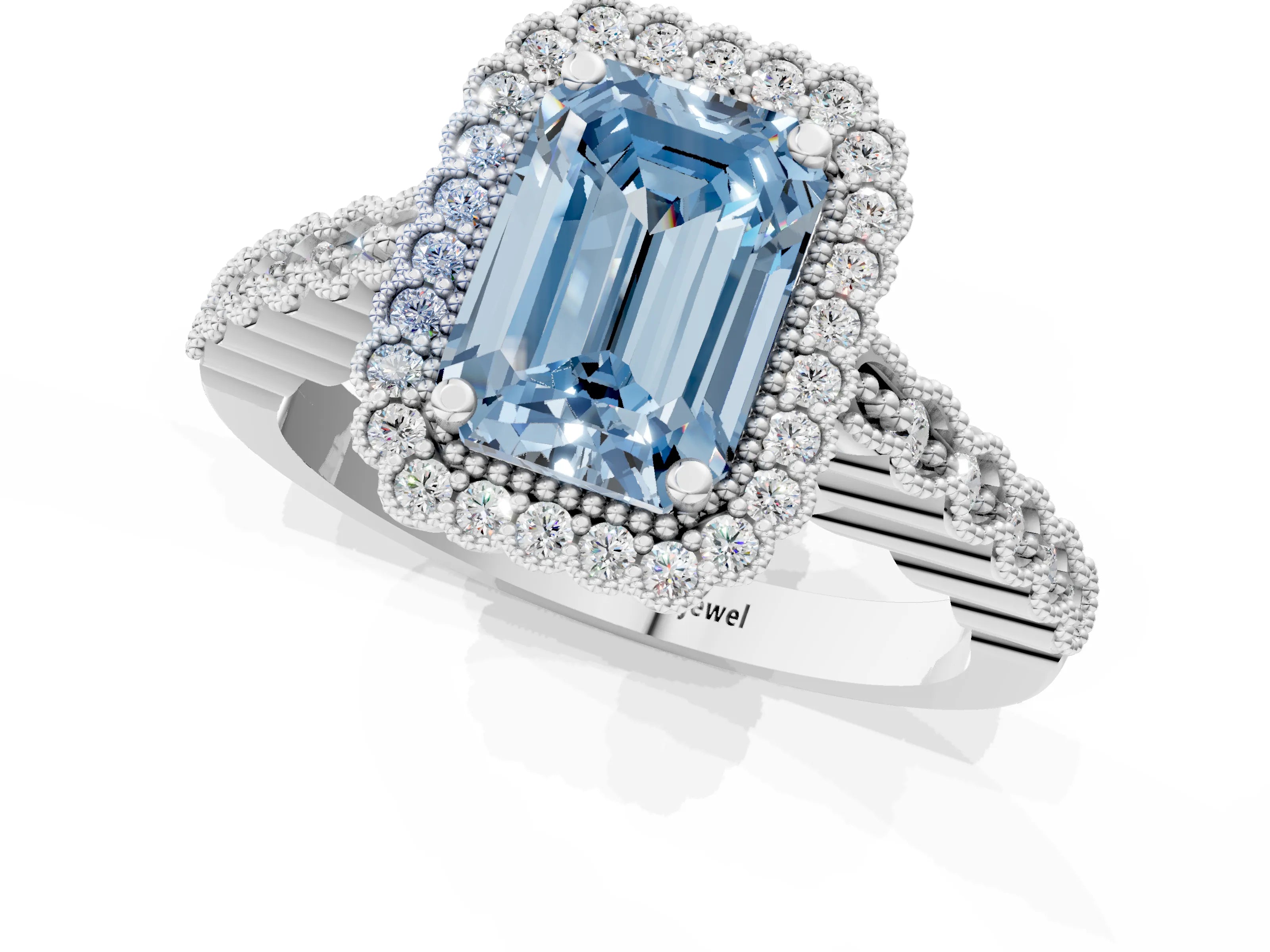 White gold Fancy Blue Emerald Cut Cut Halo Pavé Solitaire Ring with Milgrain Band_1