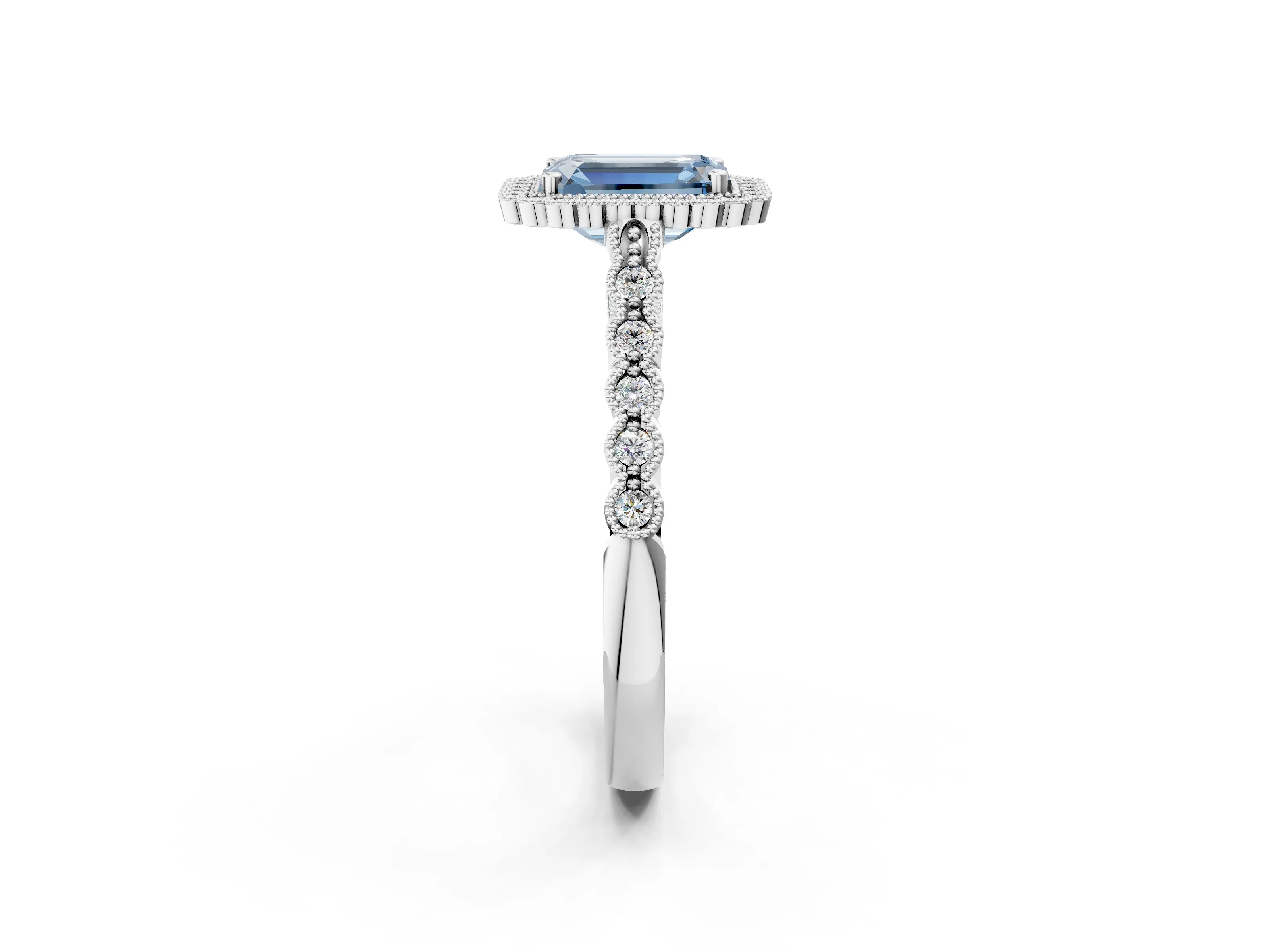 White gold Fancy Blue Emerald Cut Cut Halo Pavé Solitaire Ring with Milgrain Band_2