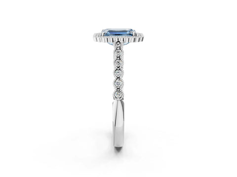 White gold Fancy Blue Emerald Cut Cut Halo Pavé Solitaire Ring with Milgrain Band_2