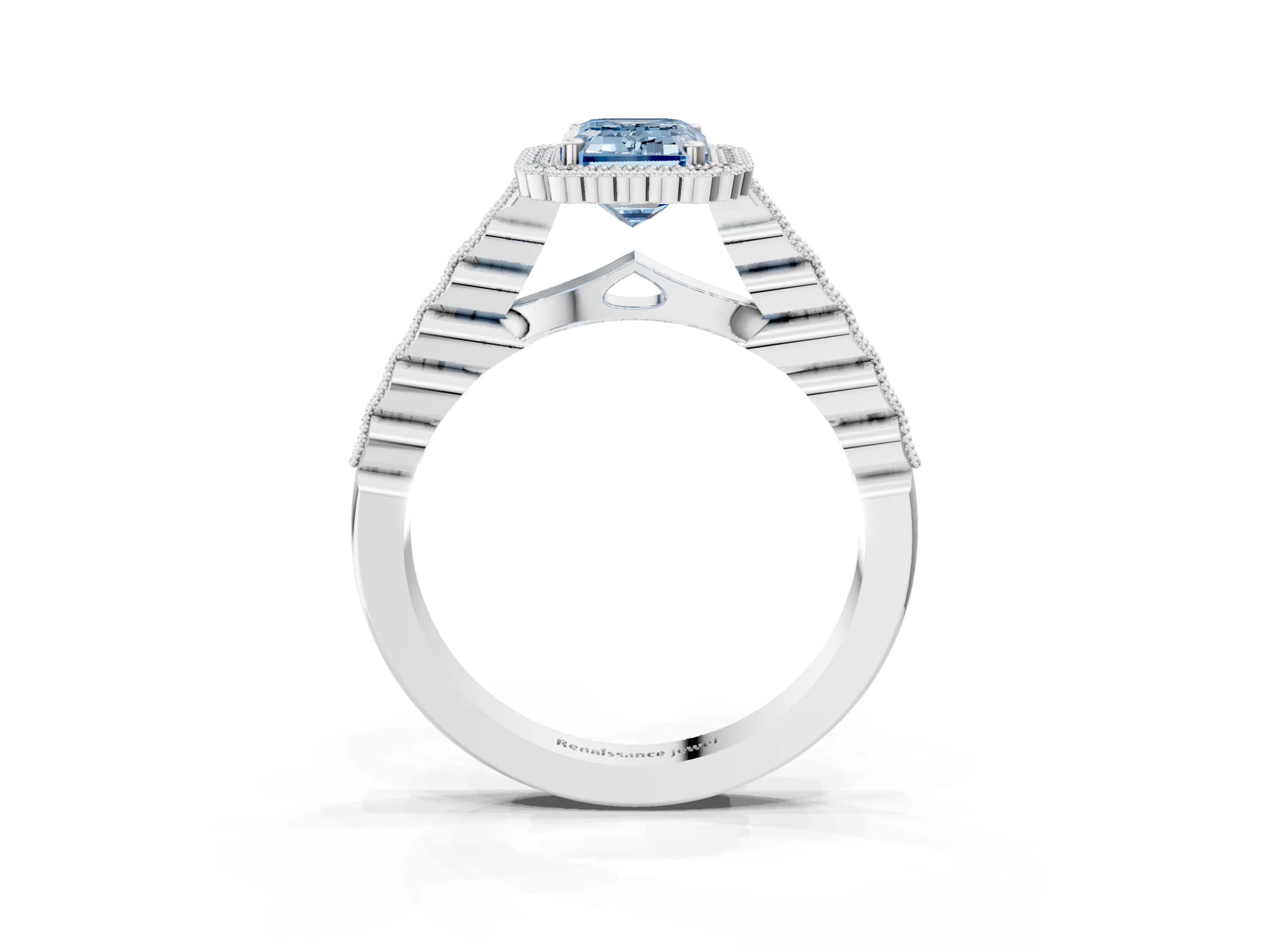 White gold Fancy Blue Emerald Cut Cut Halo Pavé Solitaire Ring with Milgrain Band_3