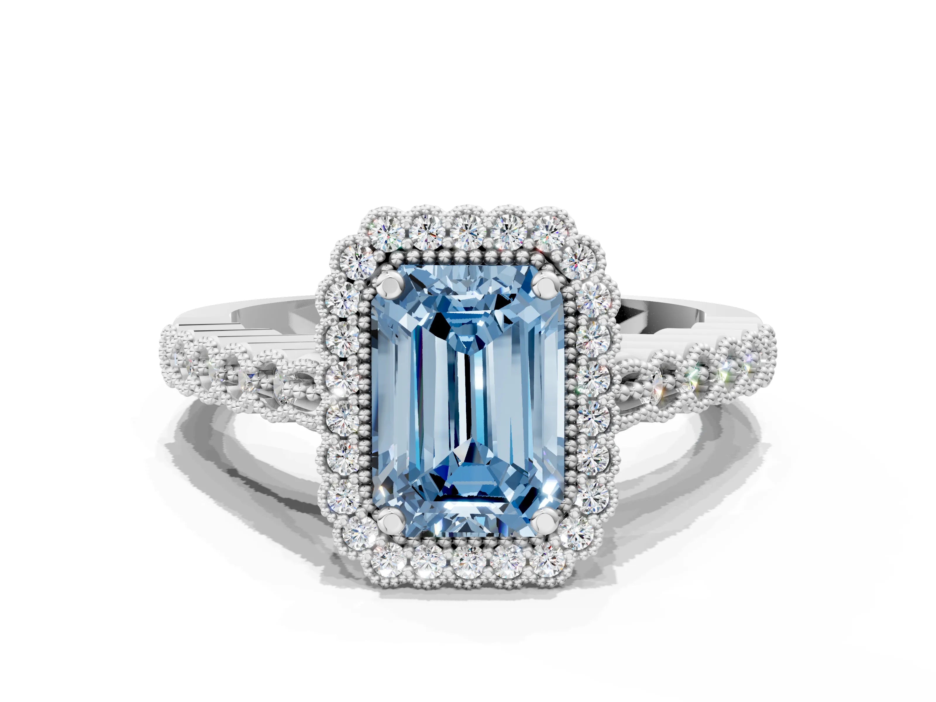 White gold Fancy Blue Emerald Cut Cut Halo Pavé Solitaire Ring with Milgrain Band
