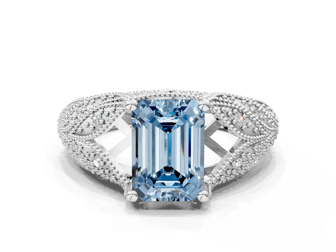 White gold Fancy Blue Emerald Cut Cut Milgrain Pave Diamond Engagement Ring with Four-Prong Setting_15