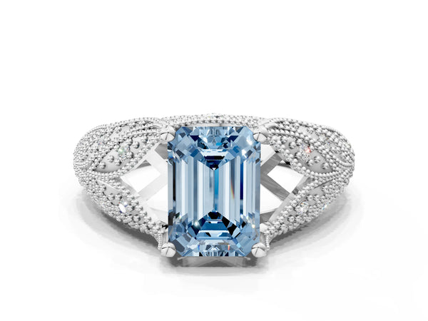 Platinum Fancy Blue Emerald Cut Cut Milgrain Pave Diamond Engagement Ring with Four-Prong Setting