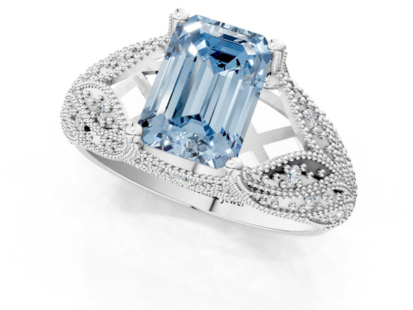 Platinum Fancy Blue Emerald Cut Cut Milgrain Pave Diamond Engagement Ring with Four-Prong Setting