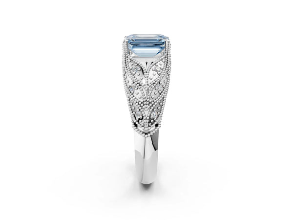 Platinum Fancy Blue Emerald Cut Cut Milgrain Pave Diamond Engagement Ring with Four-Prong Setting