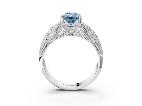 Platinum Fancy Blue Emerald Cut Cut Milgrain Pave Diamond Engagement Ring with Four-Prong Setting