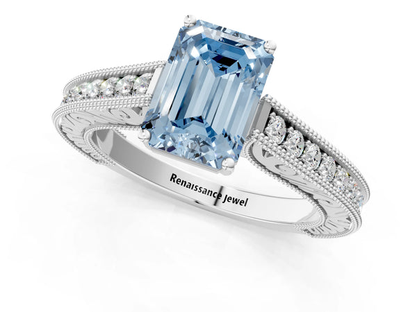 Platinum Emerald Cut Vintage Pave Engagement Ring Setting for Fancy Blue Center