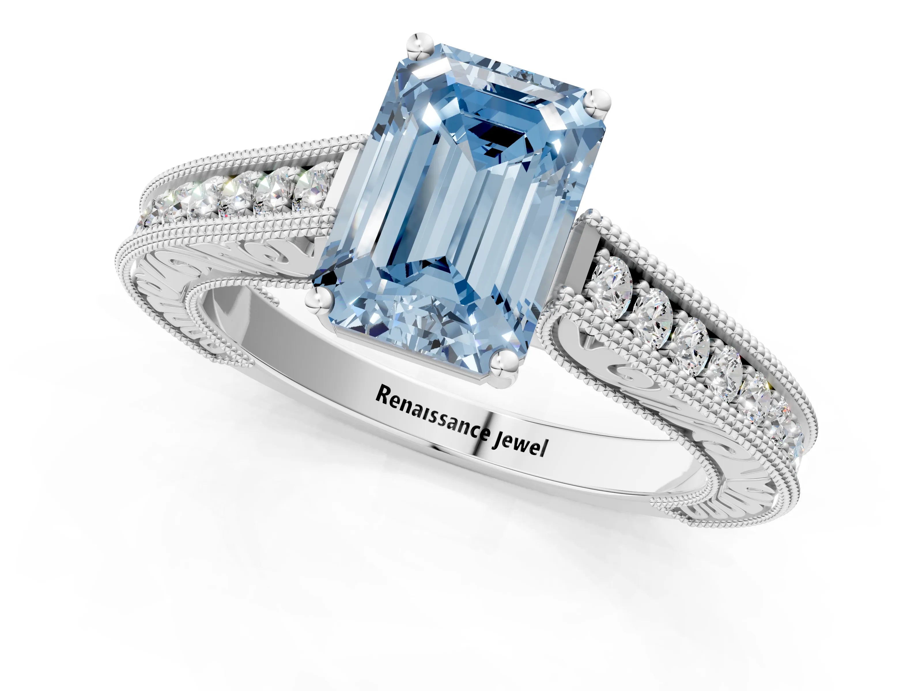 White gold Fancy Blue Emerald Cut Cut Pave Band Milgrain Solitaire Ring_1