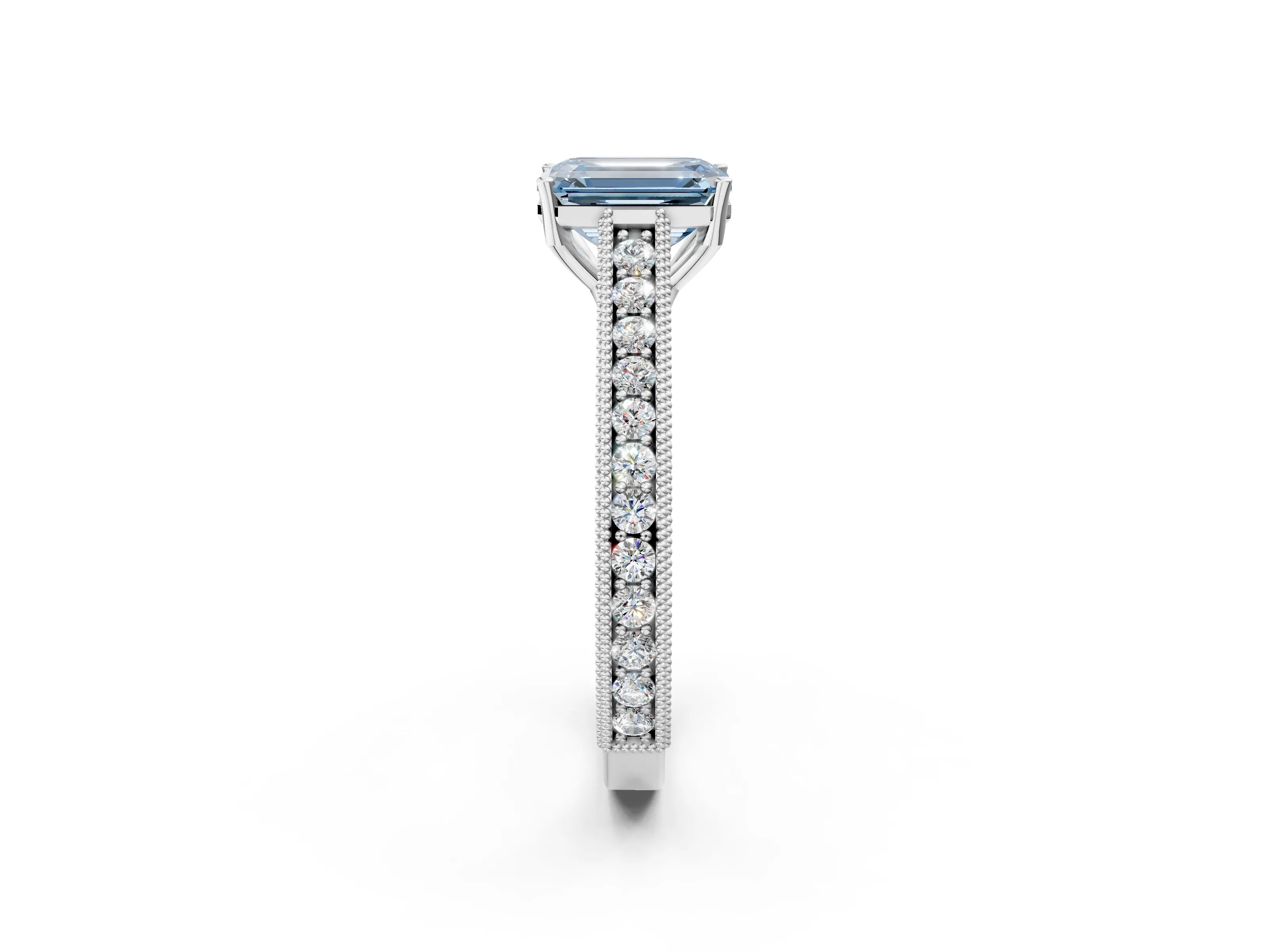 White gold Fancy Blue Emerald Cut Cut Pave Band Milgrain Solitaire Ring_2