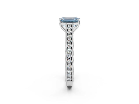 White gold Fancy Blue Emerald Cut Cut Pave Band Milgrain Solitaire Ring_2