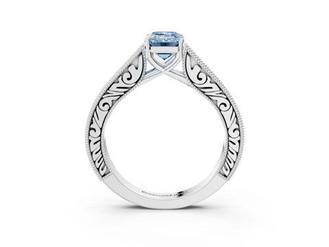 White gold Fancy Blue Emerald Cut Cut Pave Band Milgrain Solitaire Ring_3