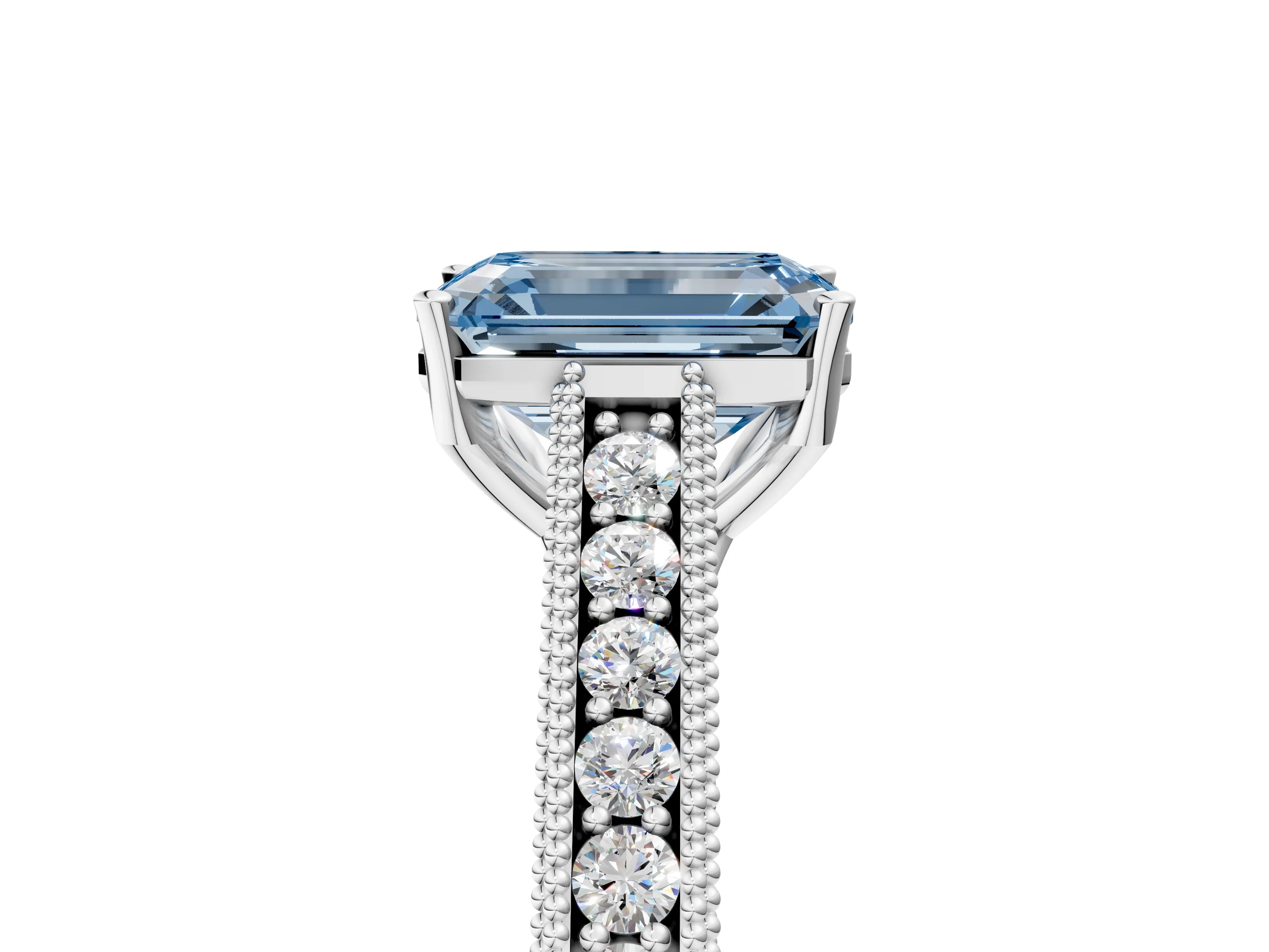 White gold Fancy Blue Emerald Cut Cut Pave Band Milgrain Solitaire Ring_5