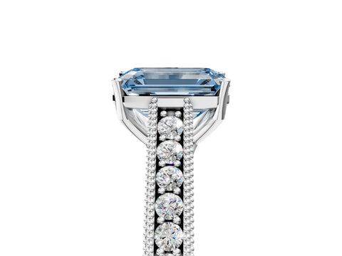 White gold Fancy Blue Emerald Cut Cut Pave Band Milgrain Solitaire Ring_5