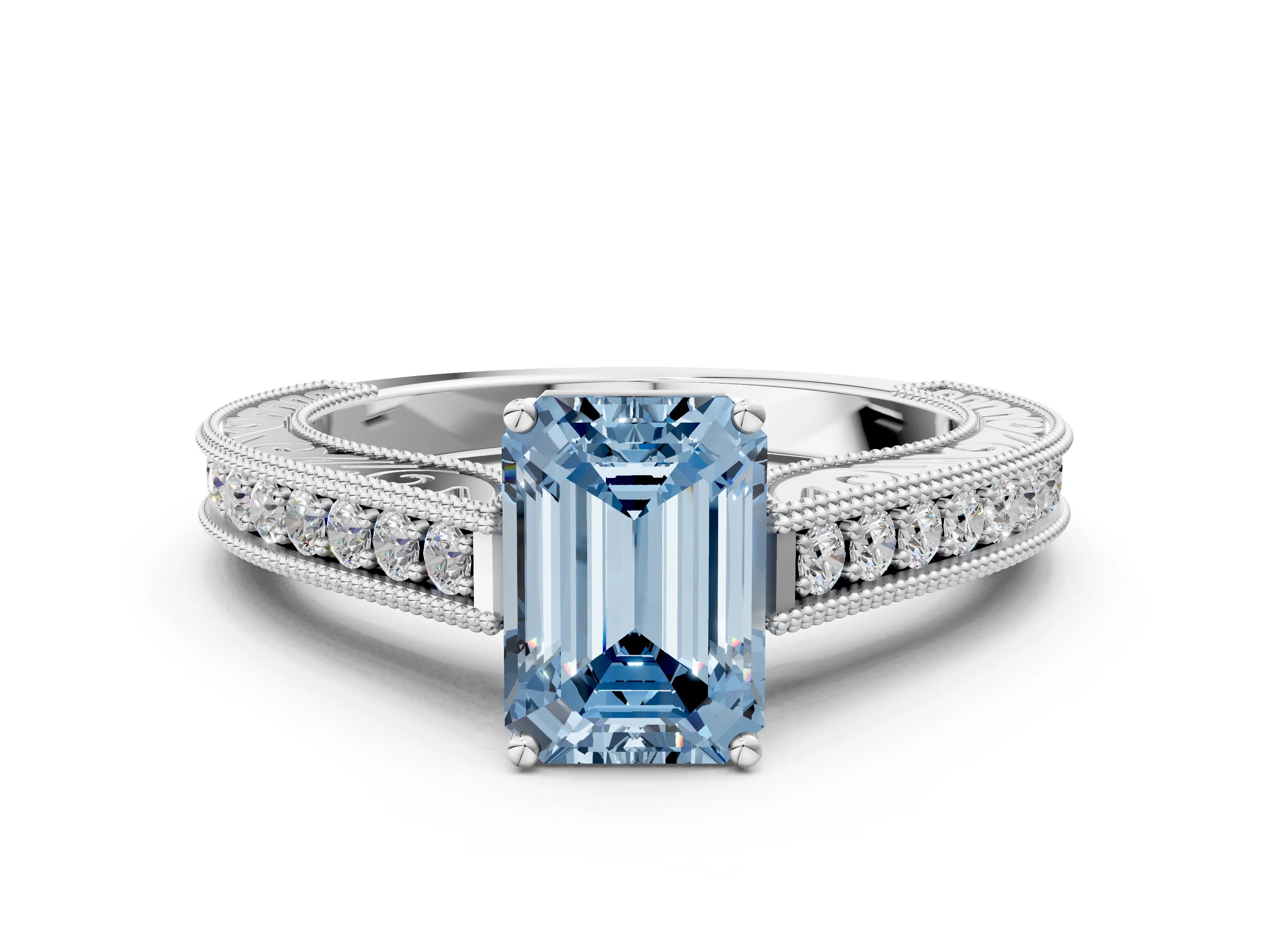 White gold Fancy Blue Emerald Cut Cut Pave Band Milgrain Solitaire Ring
