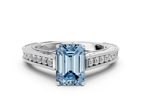 White gold Fancy Blue Emerald Cut Cut Pave Band Milgrain Solitaire Ring