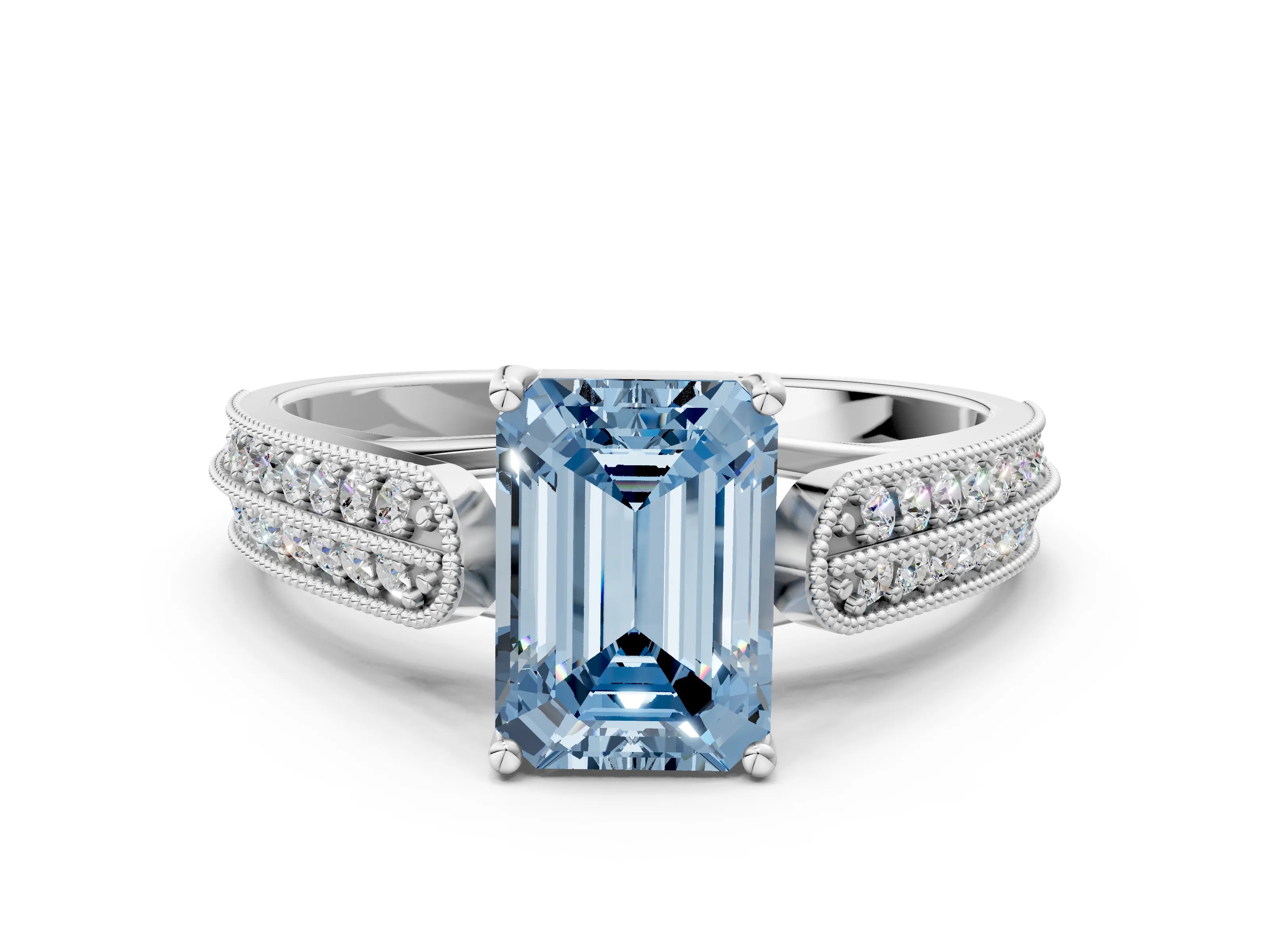 White gold Fancy Blue Emerald Cut Cut Pave Split Shank Engagement Ring with Four-Prong Setting_12