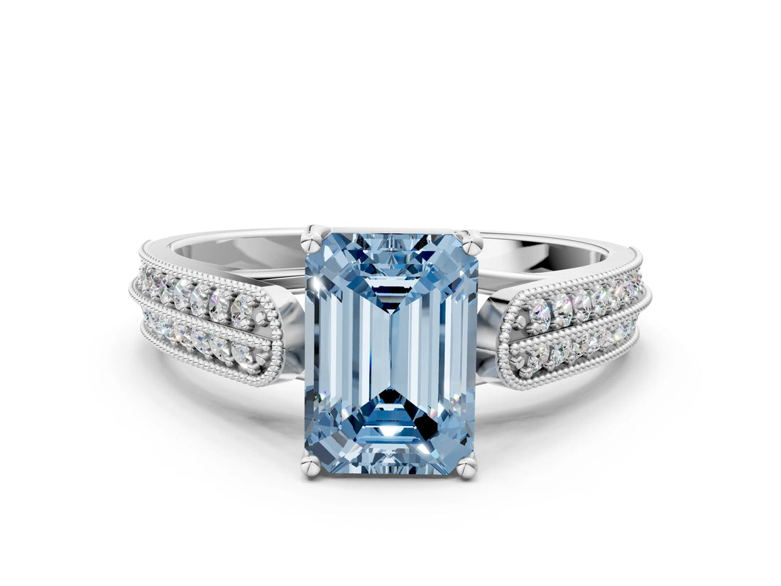 White gold Fancy Blue Emerald Cut Cut Pave Split Shank Engagement Ring with Four-Prong Setting_12