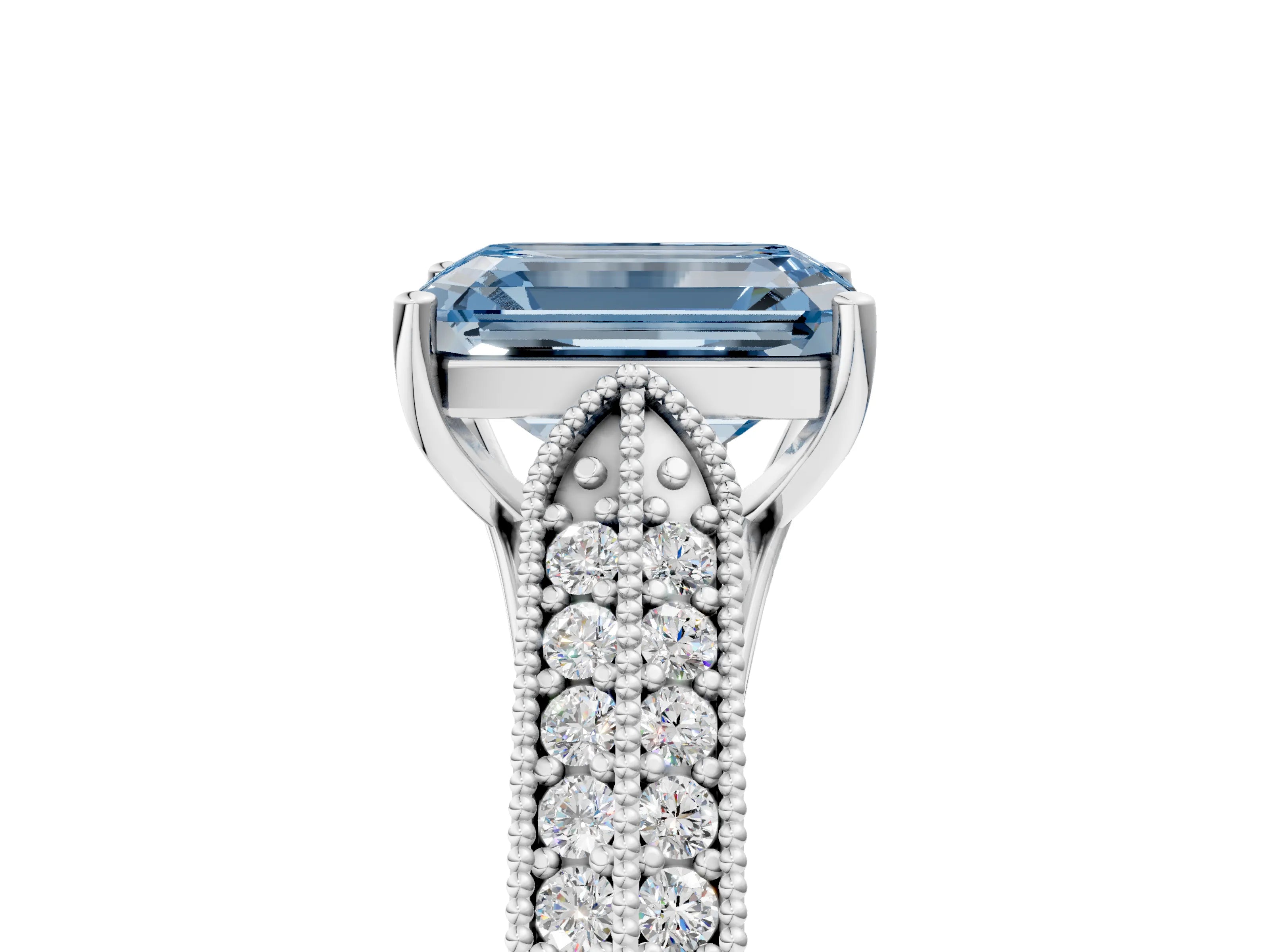 White gold Fancy Blue Emerald Cut Cut Pave Split Shank Engagement Ring with Four-Prong Setting_17