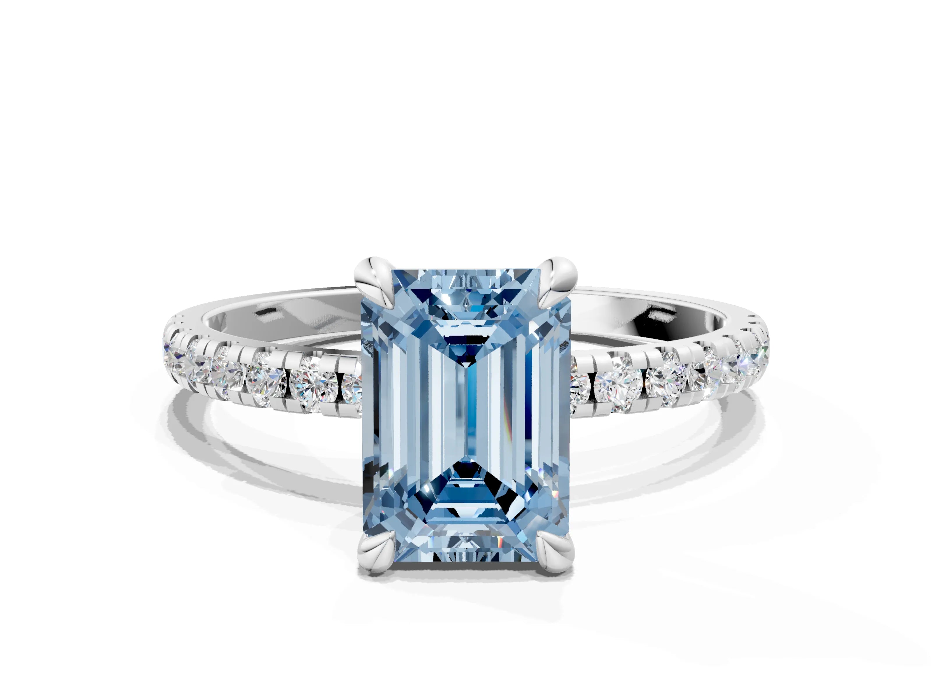 White gold Fancy Blue Emerald Cut Diamond Brilliant Solitaire Ring with Pavé Band and Four-Prong Setting
