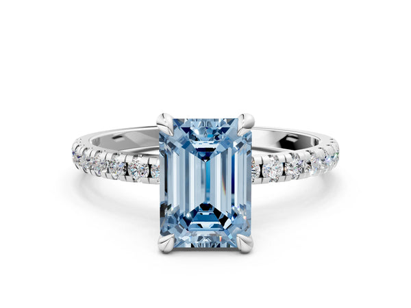 Platinum Fancy Blue Emerald Cut Diamond Brilliant Solitaire Ring with Pavé Band and Four-Prong Setting