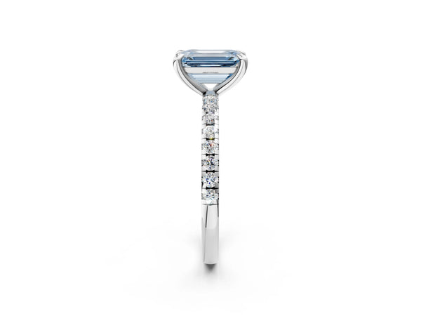 Platinum Fancy Blue Emerald Cut Diamond Brilliant Solitaire Ring with Pavé Band and Four-Prong Setting