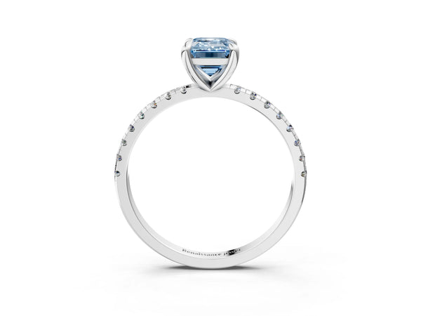 Platinum Fancy Blue Emerald Cut Diamond Brilliant Solitaire Ring with Pavé Band and Four-Prong Setting