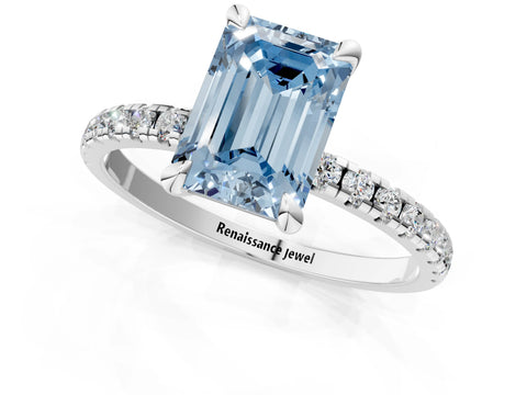 White gold Fancy Blue Emerald Cut Diamond Brilliant Solitaire Ring with Pavé Band and Four-Prong Setting_1