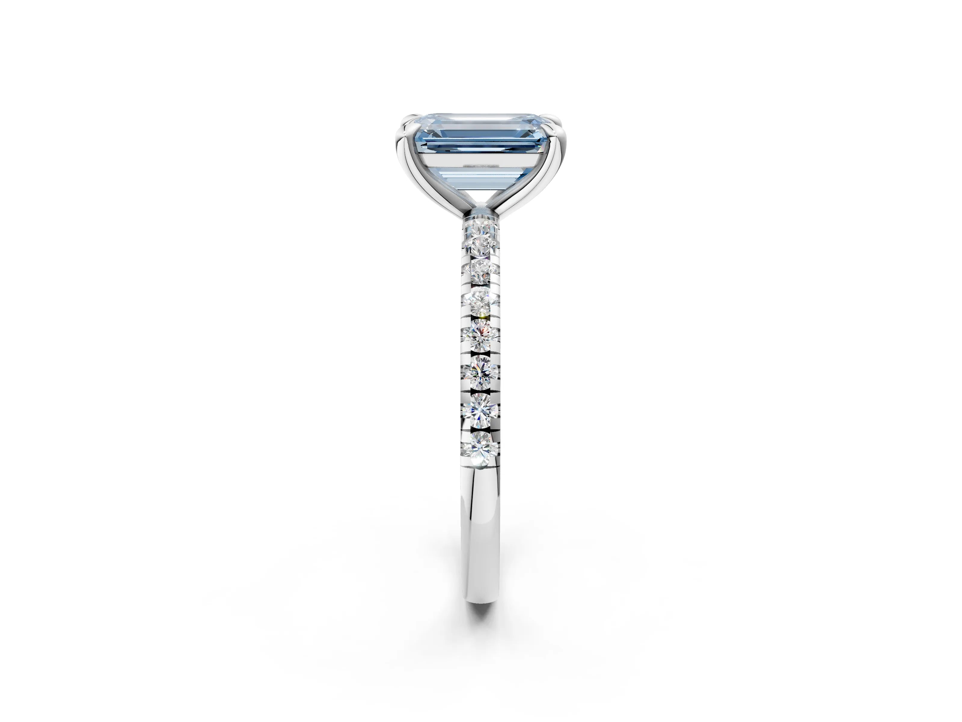 White gold Fancy Blue Emerald Cut Diamond Brilliant Solitaire Ring with Pavé Band and Four-Prong Setting_2