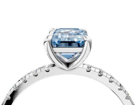White gold Fancy Blue Emerald Cut Diamond Brilliant Solitaire Ring with Pavé Band and Four-Prong Setting_4