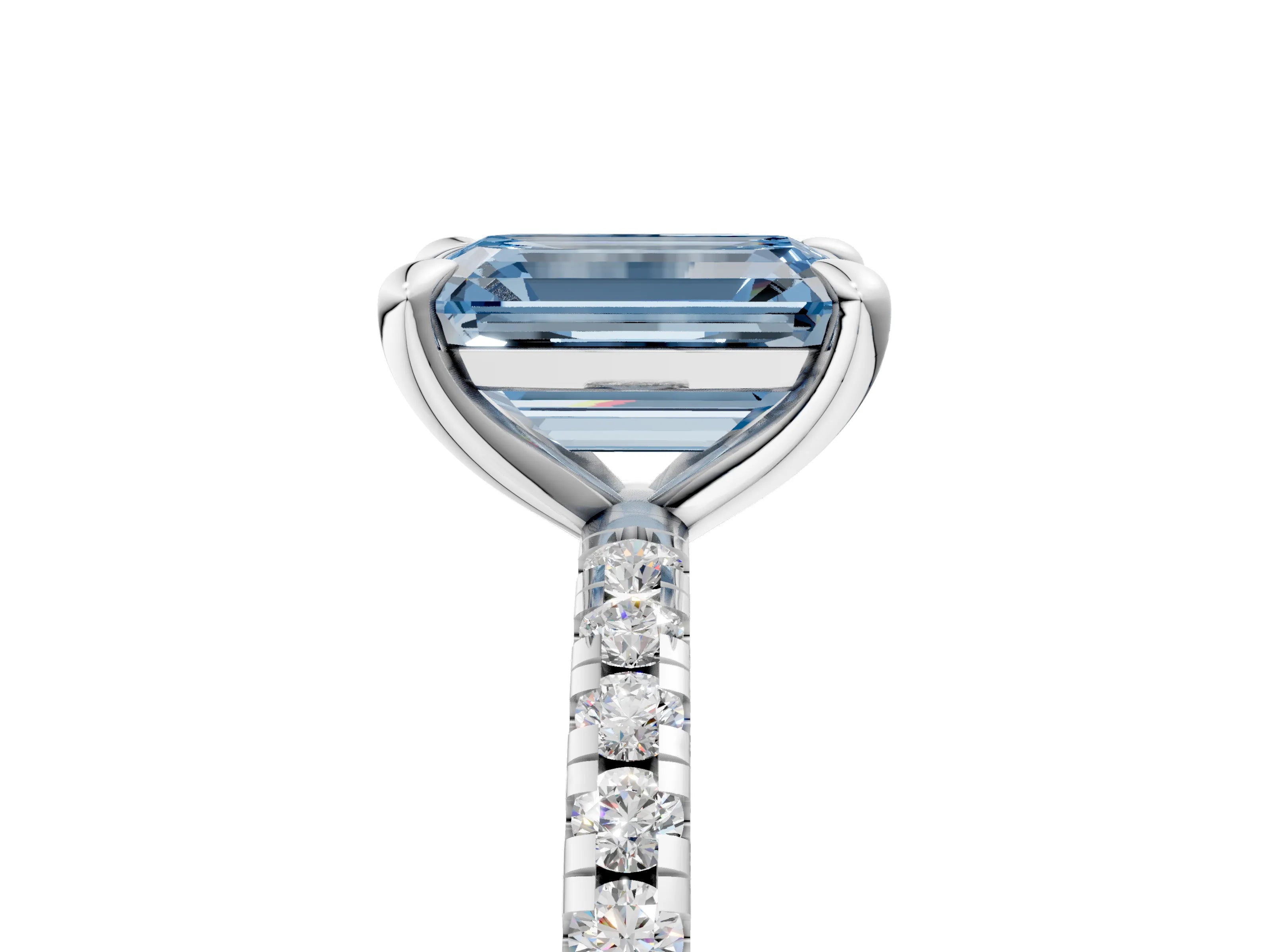 White gold Fancy Blue Emerald Cut Diamond Brilliant Solitaire Ring with Pavé Band and Four-Prong Setting_5