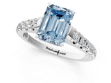 White gold Fancy Blue Emerald Cut Diamond Cathedral Solitaire Ring with Round  Pavé Band_176