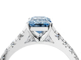 White gold Fancy Blue Emerald Cut Diamond Cathedral Solitaire Ring with Round  Pavé Band_179