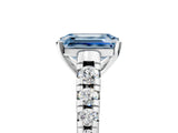 White gold Fancy Blue Emerald Cut Diamond Cathedral Solitaire Ring with Round  Pavé Band_180