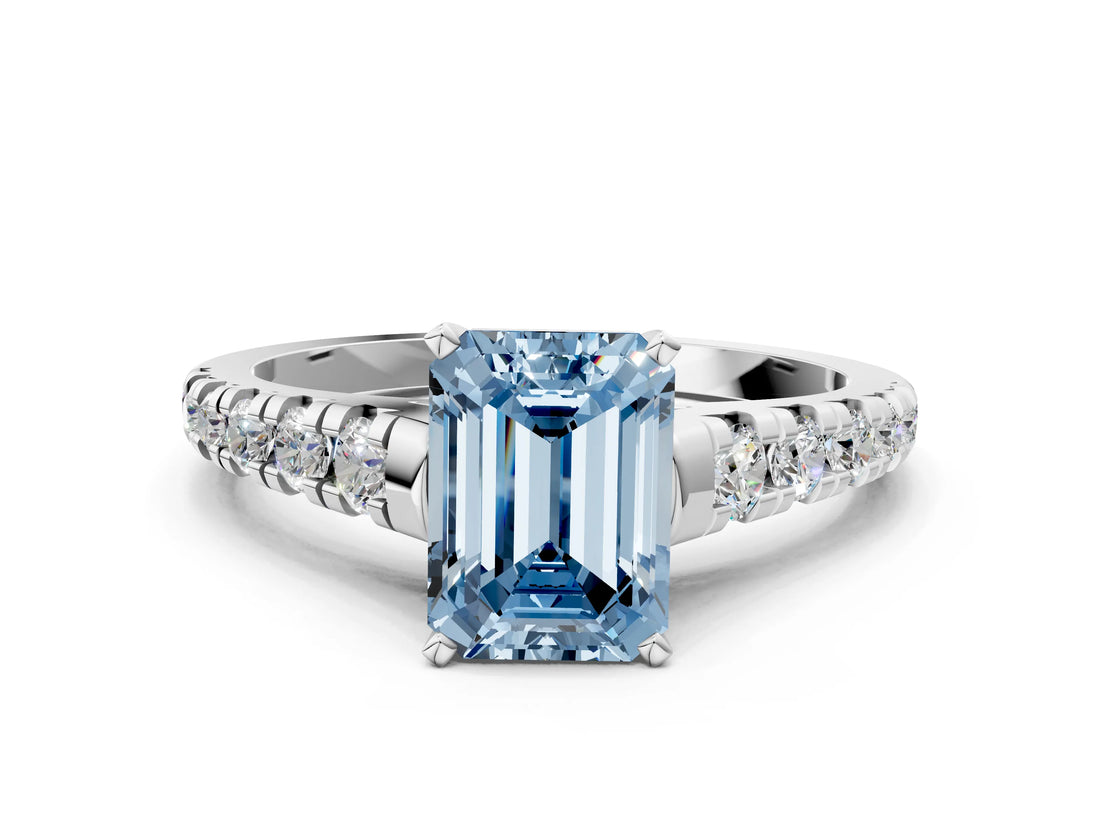 White gold Fancy Blue Emerald Cut Diamond Cathedral Solitaire Ring with Round  Pavé Band_180