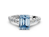 White gold Fancy Blue Emerald Cut Diamond Cathedral Solitaire Ring with Round  Pavé Band_181
