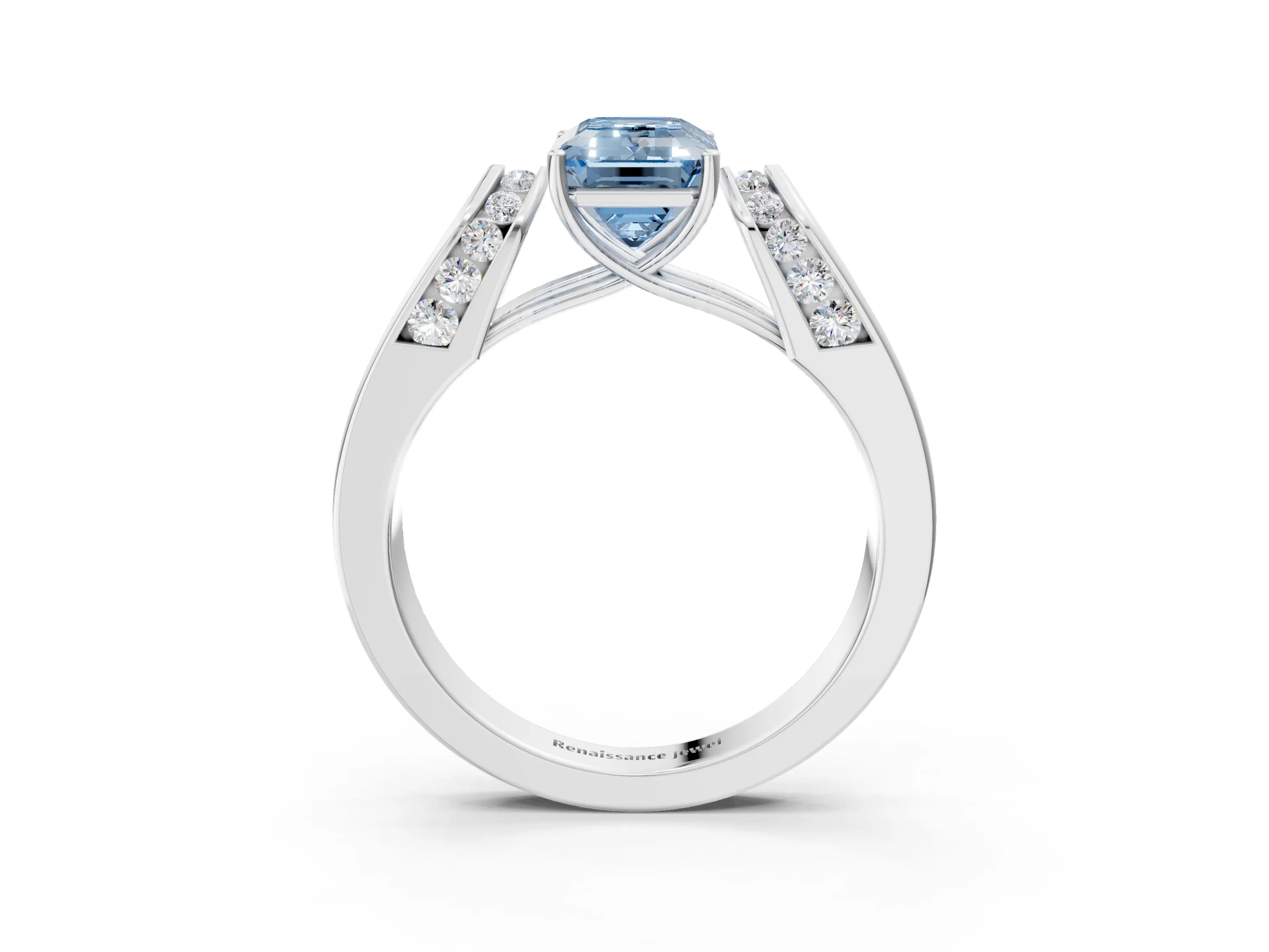White gold Fancy Blue Emerald Cut Diamond Channel Set Solitaire Ring with Four-Prong Setting_35
