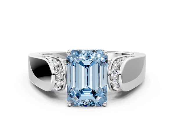 White Gold Emerald Cut Channel Set Engagement Ring Setting for Fancy Blue Center with Wide Band